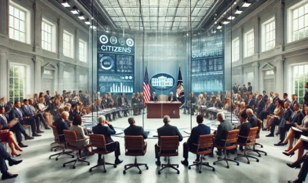 Central Personnel Agencies - A diverse group of government officials and citizens in a modern, transparent conference room at the White House. The scene depicts an engaged discuss