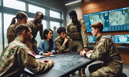 Department of Defense - A group of diverse soldiers in a military briefing room discussing a mission. They are gathered around a large table with maps and documents, with a d