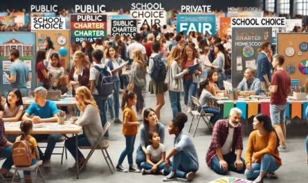 Department of Education - A group of diverse students and parents at a school choice fair. The event is held in a large community center with various booths representing differ1