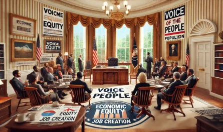 Executive Office of the President - A photo-realistic image of the Oval Office with populist symbols. The room includes classic elements like the Resolute Desk and American flags. Populi