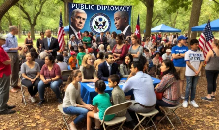 Populist Foundation - A diverse group of Department of State officials and community members at a public diplomacy event in a park. The officials are discussing internation1