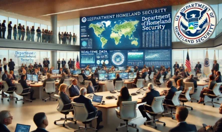 Populist Foundation - Interior view of the Department of Homeland Security headquarters. A group of diverse officials and citizens are gathered in a modern conference room,1