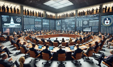 Populist Foundation - Interior view of the Intelligence Community headquarters. A diverse group of officials and analysts are gathered in a secure conference room, engaging1